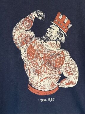 Lucky Brand Navy Tee with Orange Patriotic Muscleman Graphic